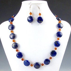 Lapis, Amber, Sterling Silver Necklace/Earring Set